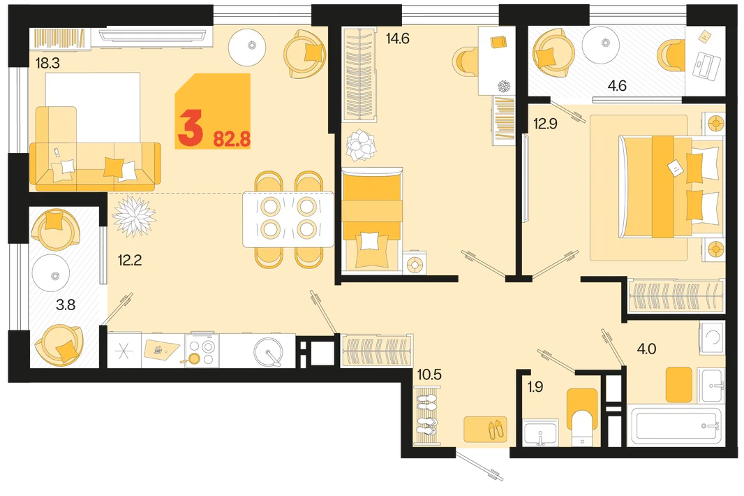 Планировка 3-комн. квартира, 82.8 м² ЖК «Первое место»