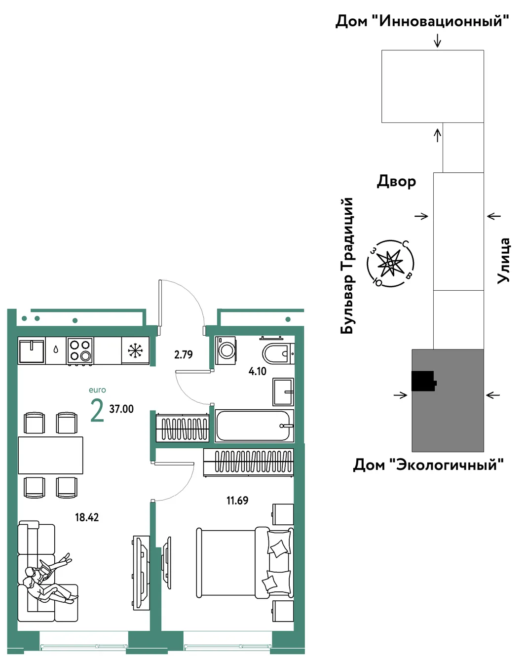 Планировка 2-комн. квартира, 37 м² ЖК «Микрорайон Домашний»