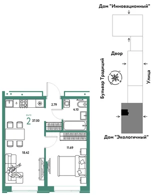 Планировка 2-комн. квартира, 37 м² ЖК «Микрорайон Домашний»