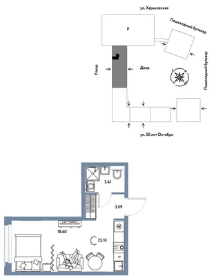 Планировка Студия, 25.1 м² ЖК «Сердце Сибири»