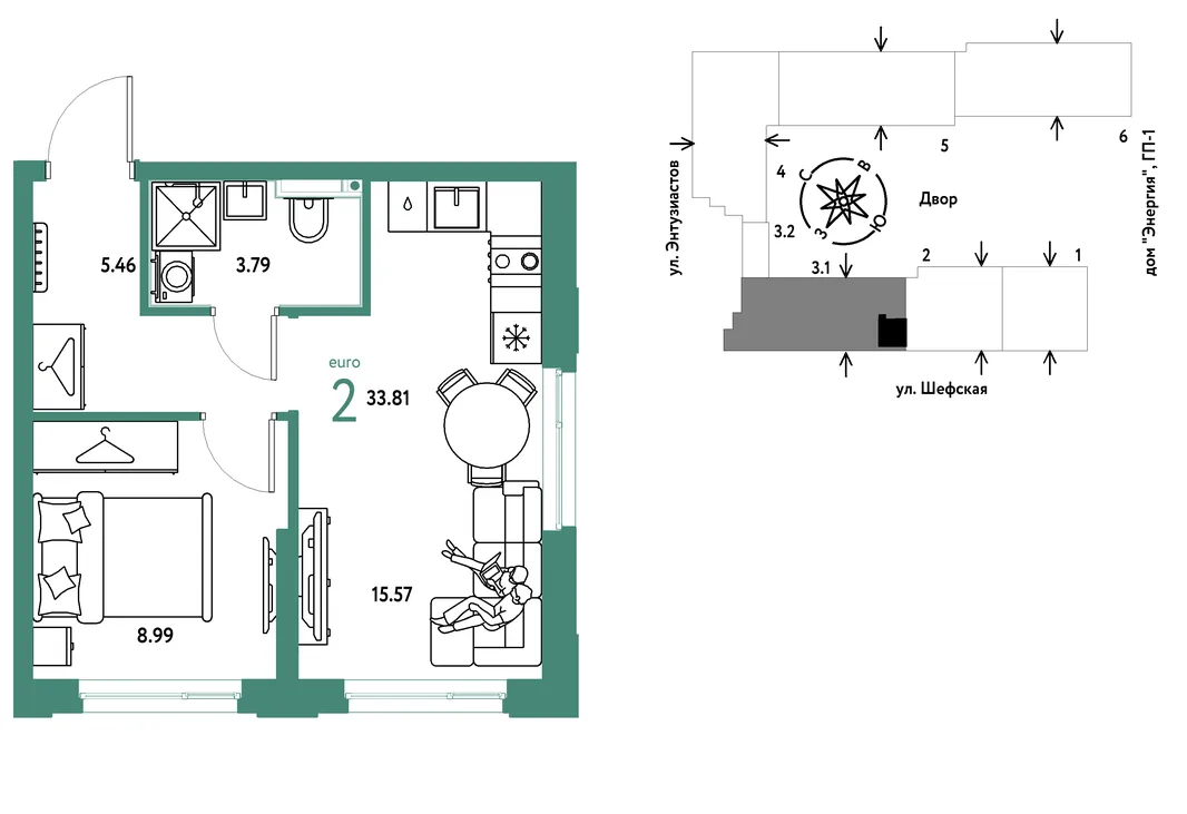Планировка 2-комн. квартира, 33.81 м² ЖК «Страна.Энтузиастов»