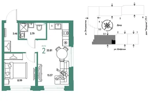 Планировка 2-комн. квартира, 33.81 м² ЖК «Страна.Энтузиастов»