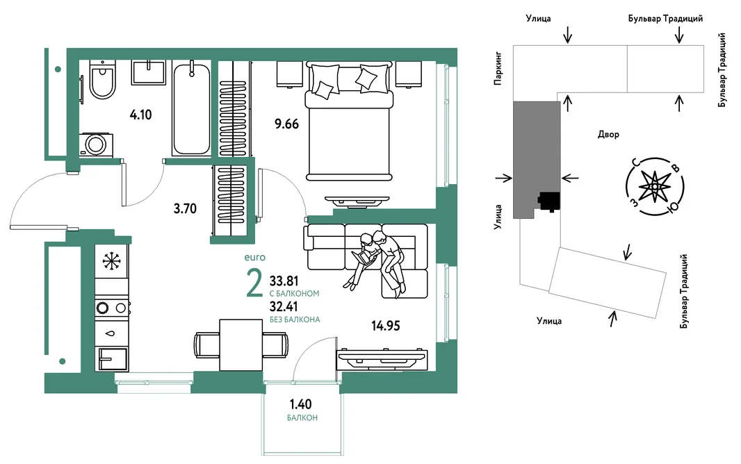 Планировка 2-комн. квартира, 33.81 м² ЖК «Микрорайон Домашний»