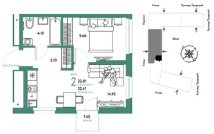Планировка 2-комн. квартира, 33.81 м² ЖК «Микрорайон Домашний»