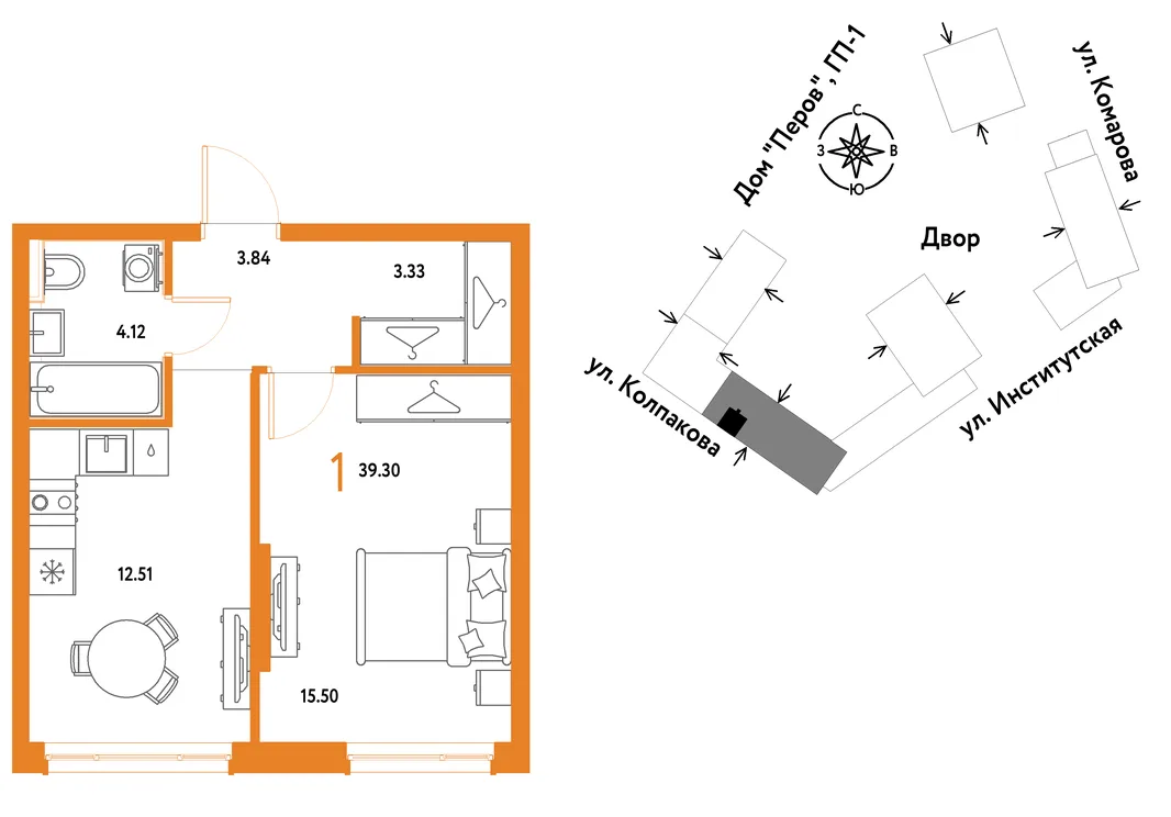 Планировка 1-комн. квартира, 39.3 м² ЖК «Страна.Парковая»