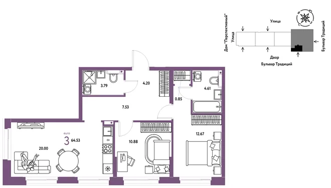 Планировка 3-комн. квартира, 64.64 м² ЖК «Микрорайон Домашний» Планировка 3-комн. квартира, 64.64 м² ЖК «Микрорайон Домашний»