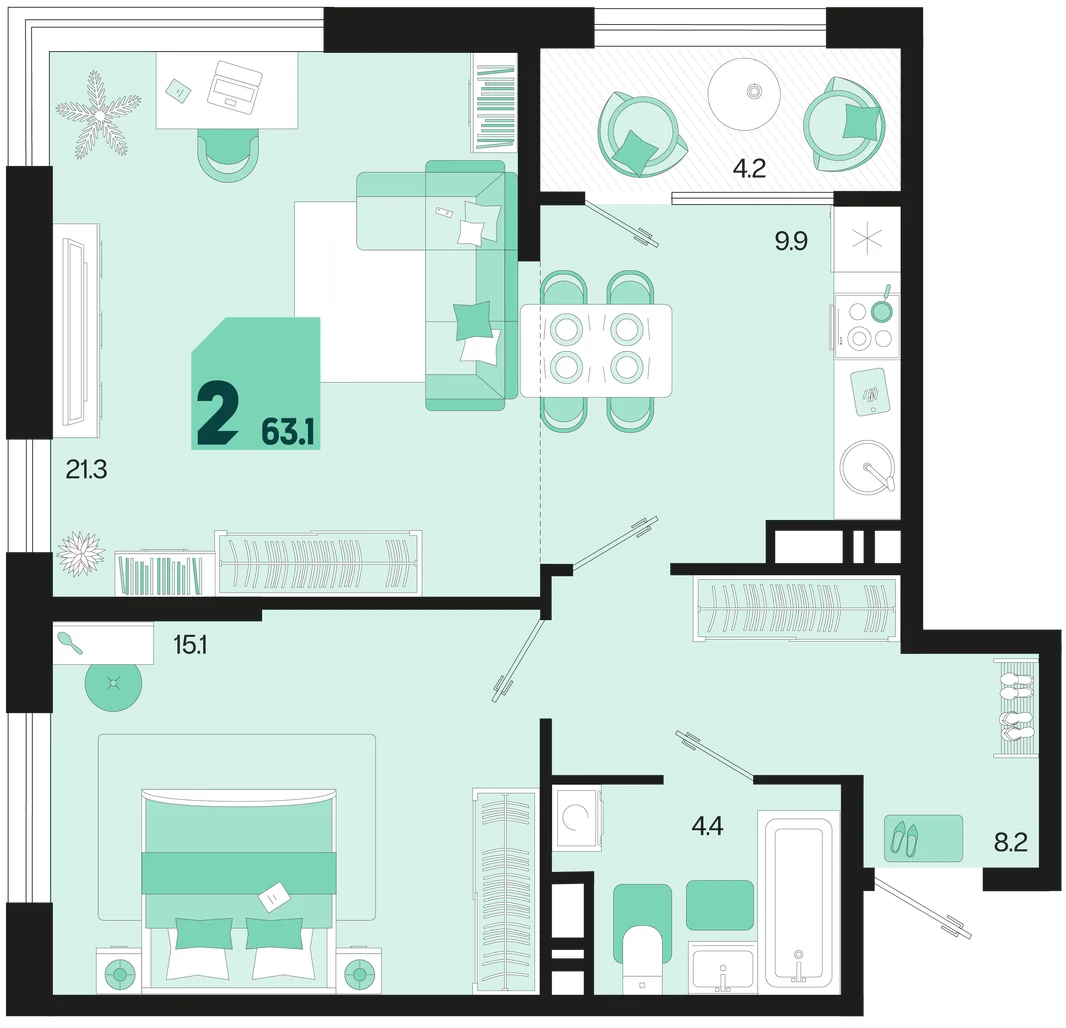 Планировка 2-комн. квартира, 63.1 м² ЖК «Первое место»