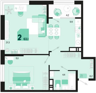 Планировка 2-комн. квартира, 63.1 м² ЖК «Первое место»