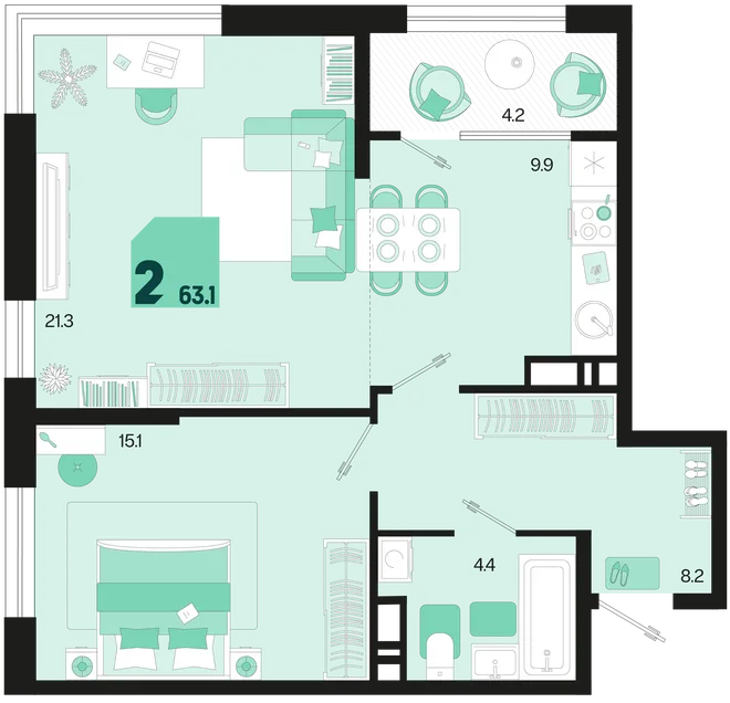 Планировка 2-комн. квартира, 63.1 м² ЖК «Первое место» Планировка 2-комн. квартира, 63.1 м² ЖК «Первое место»
