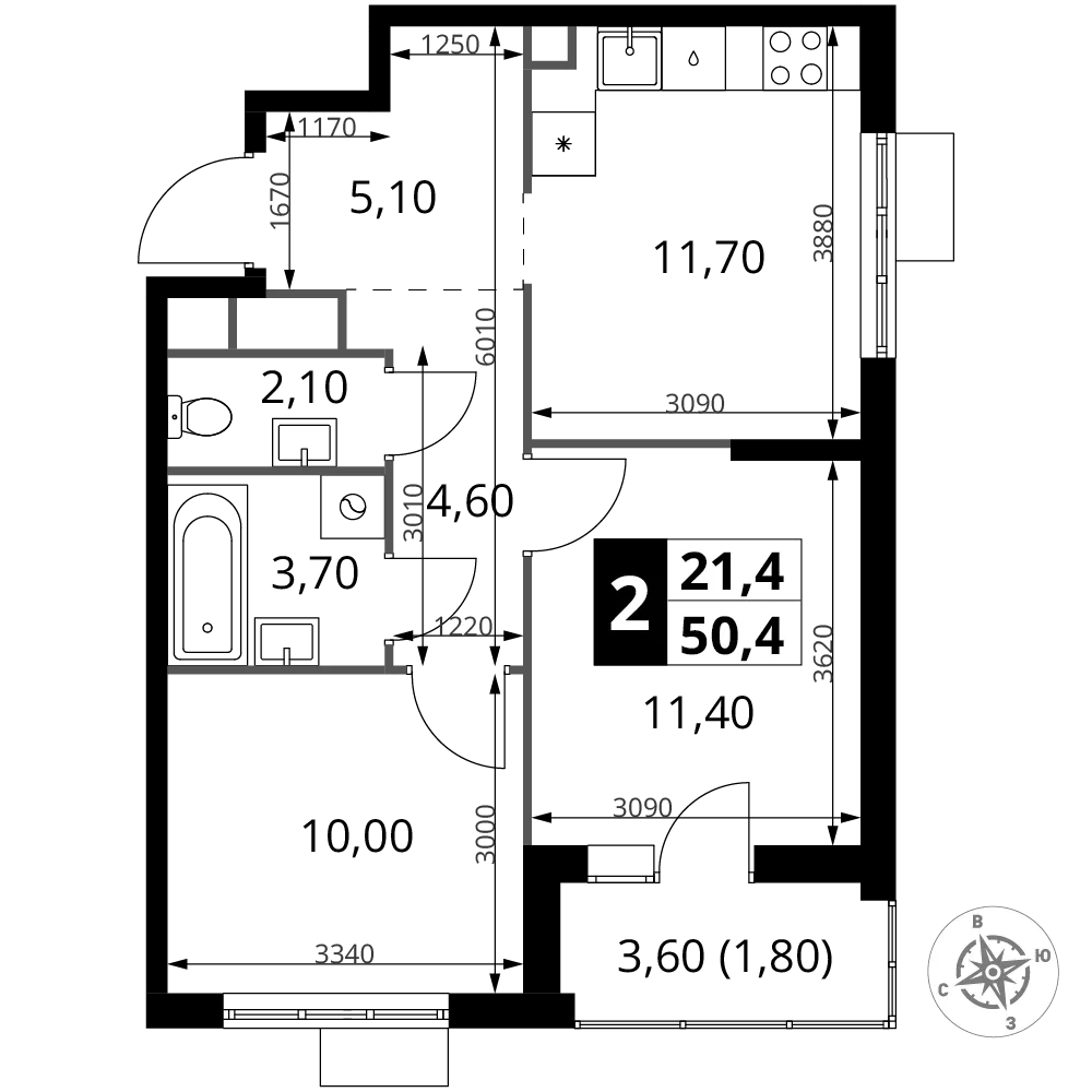 Планировка 2-комн. квартира, 50.4 м² ЖК «1-й Химкинский»