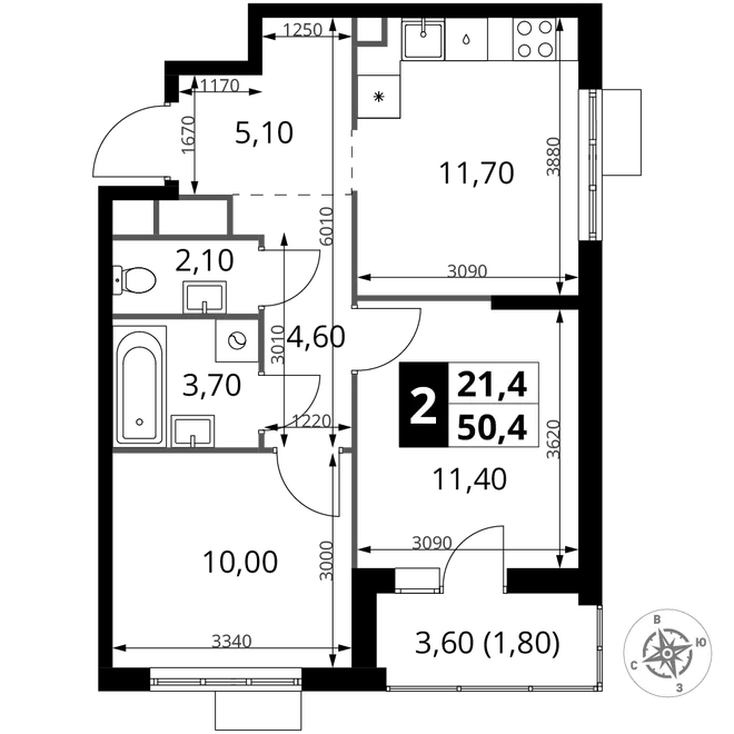 Планировка 2-комн. квартира, 50.4 м² ЖК «1-й Химкинский» Планировка 2-комн. квартира, 50.4 м² ЖК «1-й Химкинский»