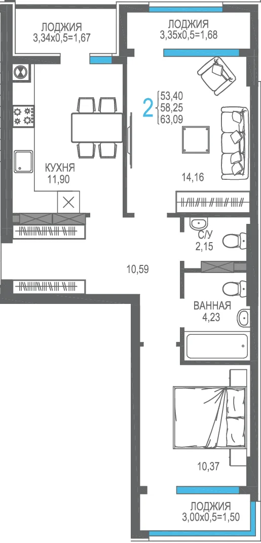 Планировка 2-комн. квартира, 58.25 м² ЖК «На Фонтанке»