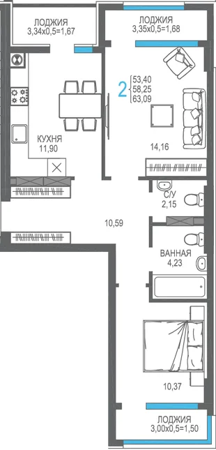 Планировка 2-комн. квартира, 58.25 м² ЖК «На Фонтанке»