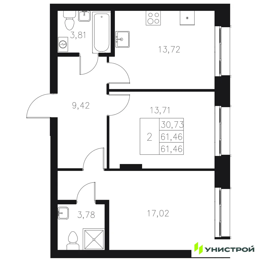 Планировка 2-комн. квартира, 61.46 м² ЖК «Statum»