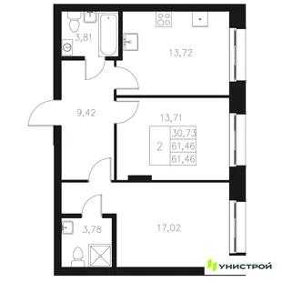 Планировка 2-комн. квартира, 61.46 м² ЖК «Statum»