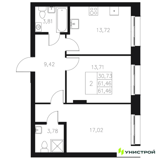 Планировка 2-комн. квартира, 61.46 м² ЖК «Statum» Планировка 2-комн. квартира, 61.46 м² ЖК «Statum»