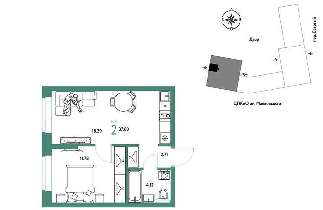 Планировка 2-комн. квартира, 37 м² ЖК «Сибирский сад» Планировка 2-комн. квартира, 37 м² ЖК «Сибирский сад»