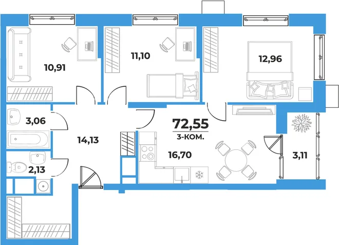 Планировка 3-комн. квартира, 72.55 м² ЖК «На семи холмах» Планировка 3-комн. квартира, 72.55 м² ЖК «На семи холмах»