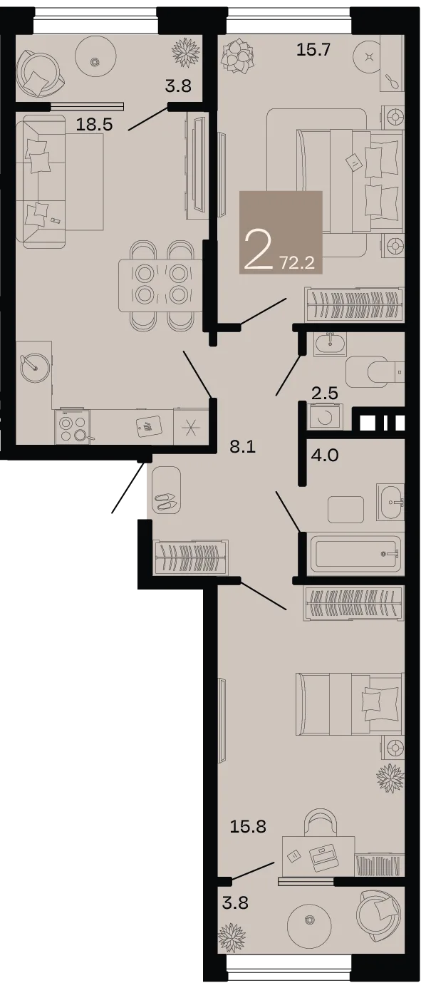 Планировка 2-комн. квартира, 72.2 м² ЖК «Хозяин морей»