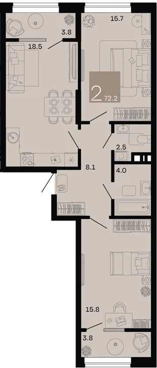 Планировка 2-комн. квартира, 72.2 м² ЖК «Хозяин морей»