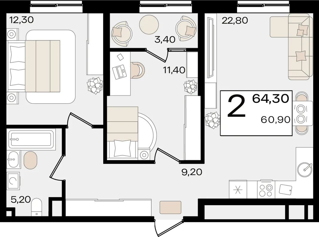 Планировка 2-комн. квартира, 64.3 м² ЖК «Патрики»