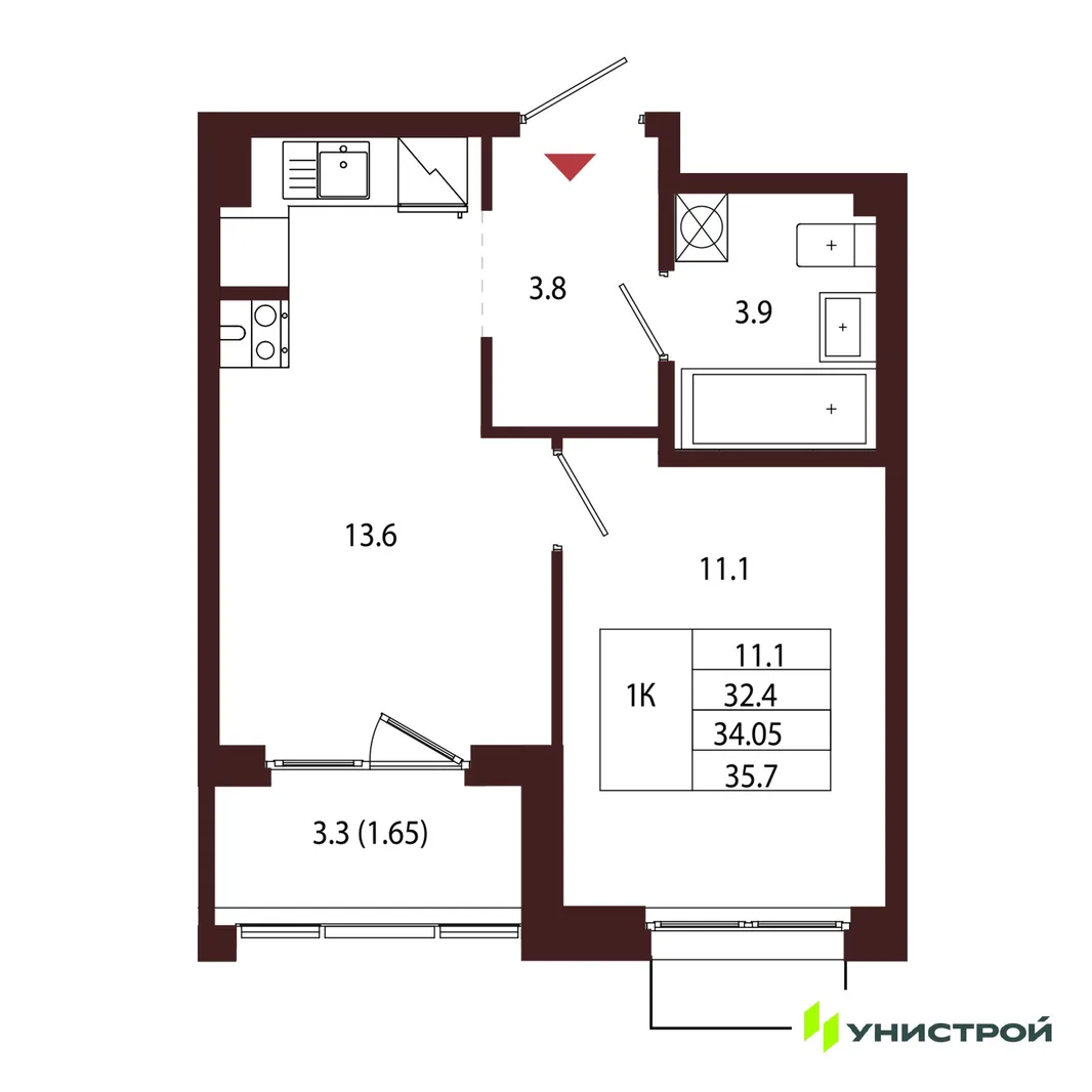Планировка 1-комн. квартира, 34.05 м² ЖК «Лисино»