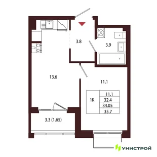 Планировка 1-комн. квартира, 34.05 м² ЖК «Лисино»