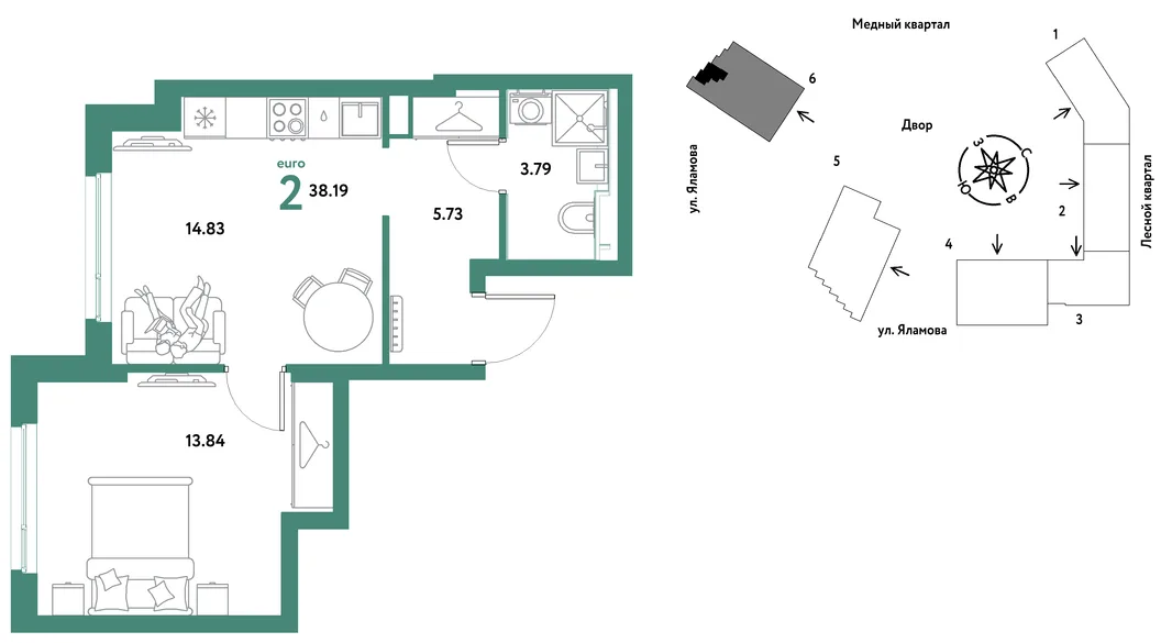 Планировка 2-комн. квартира, 38.19 м² ЖК «Сибирский сад»