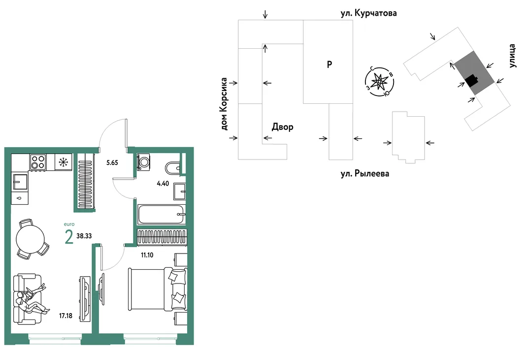 Планировка 2-комн. квартира, 38.68 м² ЖК «Остров-сад»