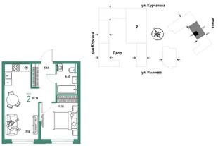 Планировка 2-комн. квартира, 38.68 м² ЖК «Остров-сад»