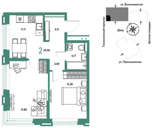 Планировка 2-комн. квартира, 50.06 м² ЖК «Страна Прибрежная»