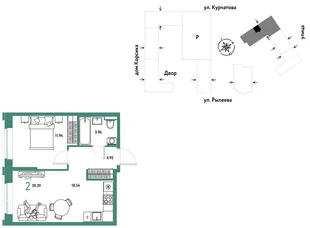 Планировка 2-комн. квартира, 39.72 м² ЖК «Остров-сад»
