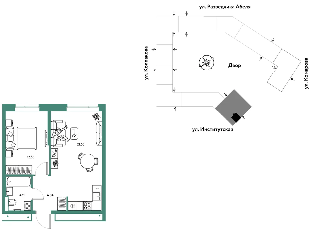 Планировка 2-комн. квартира, 43.07 м² ЖК «Страна.Парковая»