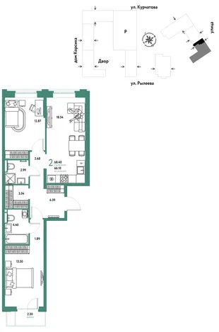 Планировка 2-комн. квартира, 68.84 м² ЖК «Остров-сад»