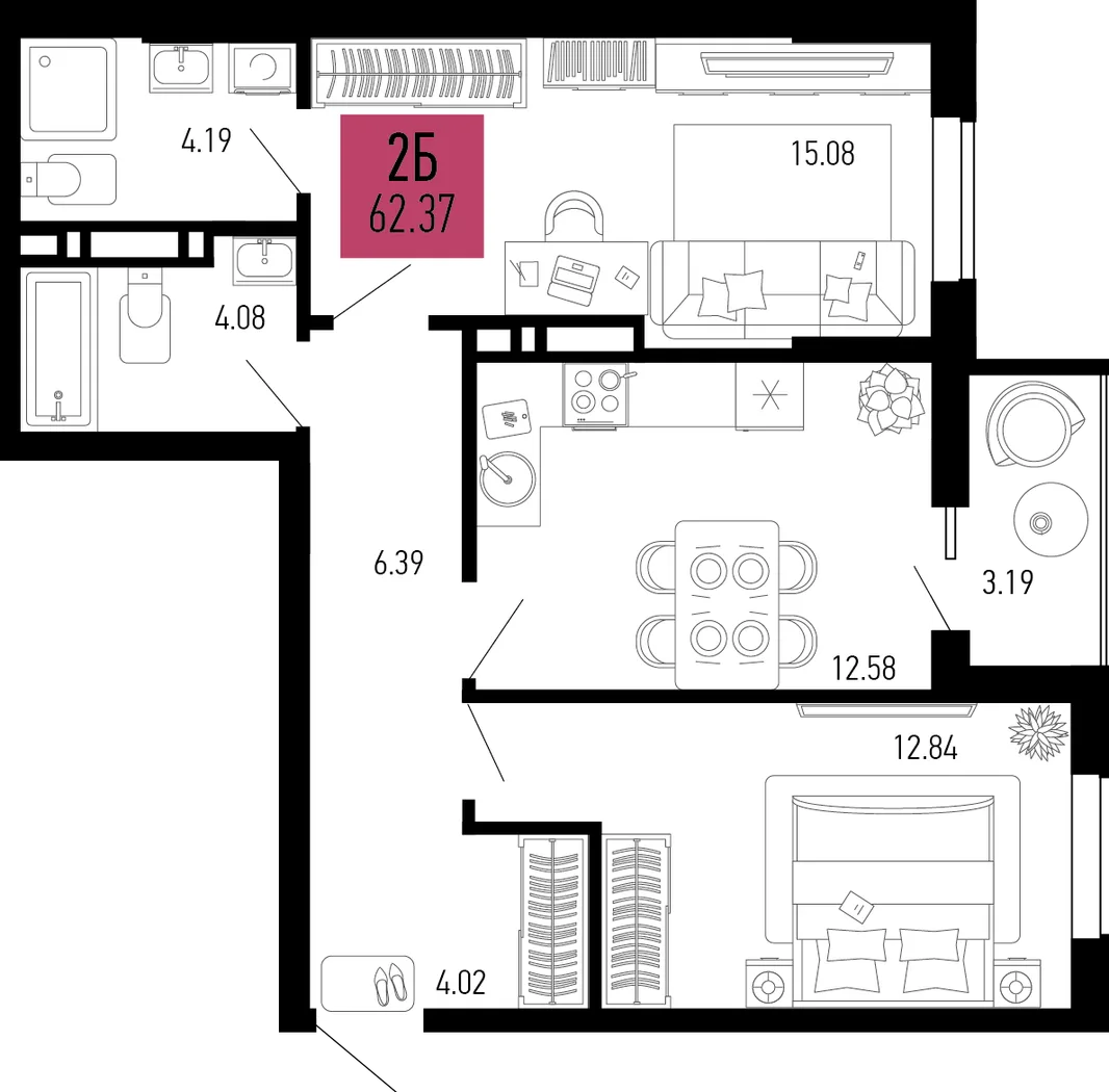 Планировка 2-комн. квартира, 62.37 м² ЖК «Столицыно»