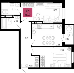 Планировка 2-комн. квартира, 62.37 м² ЖК «Столицыно»