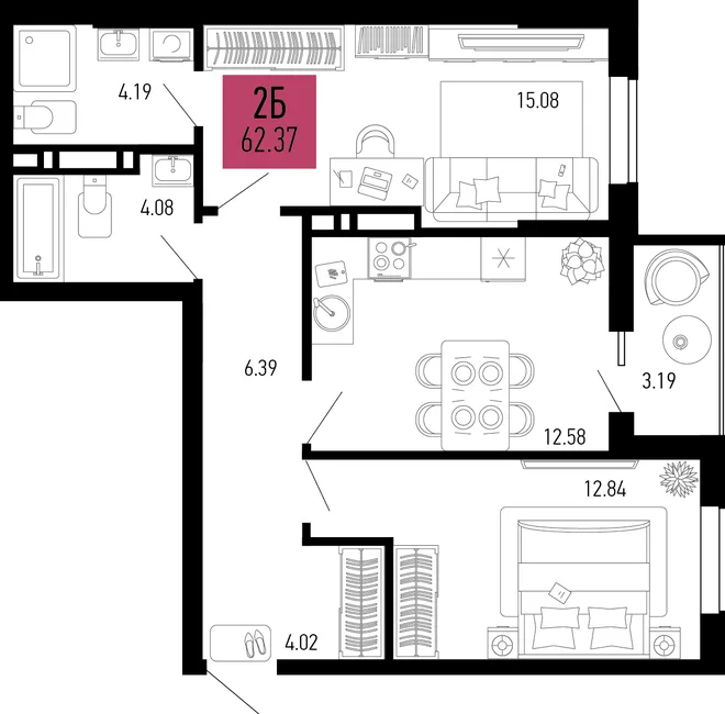 Планировка 2-комн. квартира, 62.37 м² ЖК «Столицыно» Планировка 2-комн. квартира, 62.37 м² ЖК «Столицыно»
