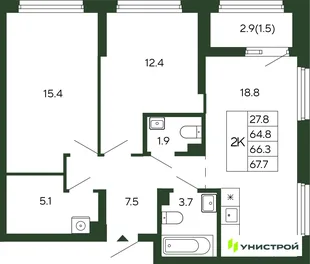 Планировка 2-комн. квартира, 66.3 м² ЖК «Парковый квартал 2.0»
