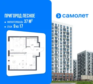 Планировка 1-комн. квартира, 37 м² ЖК «Пригород Лесное»