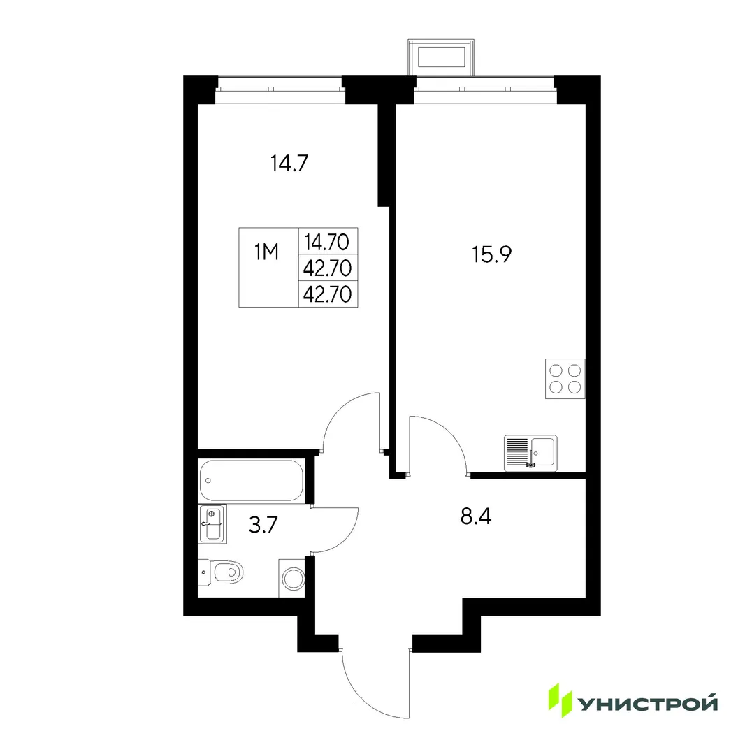 Планировка 1-комн. квартира, 42.7 м² ЖК «Стадиум»