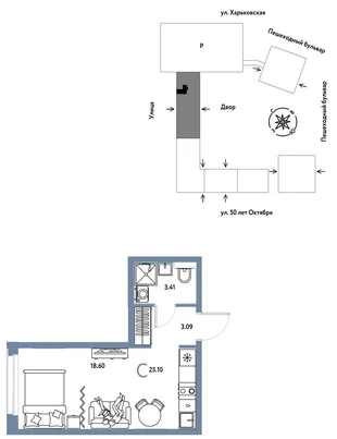 Планировка Студия, 25.1 м² ЖК «Сердце Сибири»
