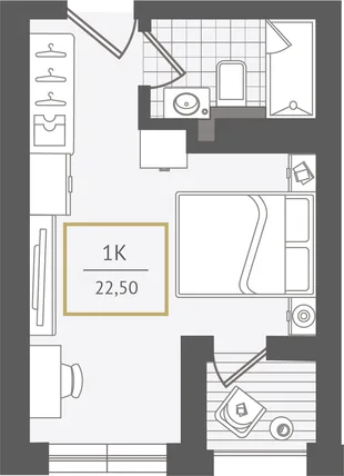Планировка Студия, 22.7 м² ЖК «Гостиничный комплекс Greenmont»