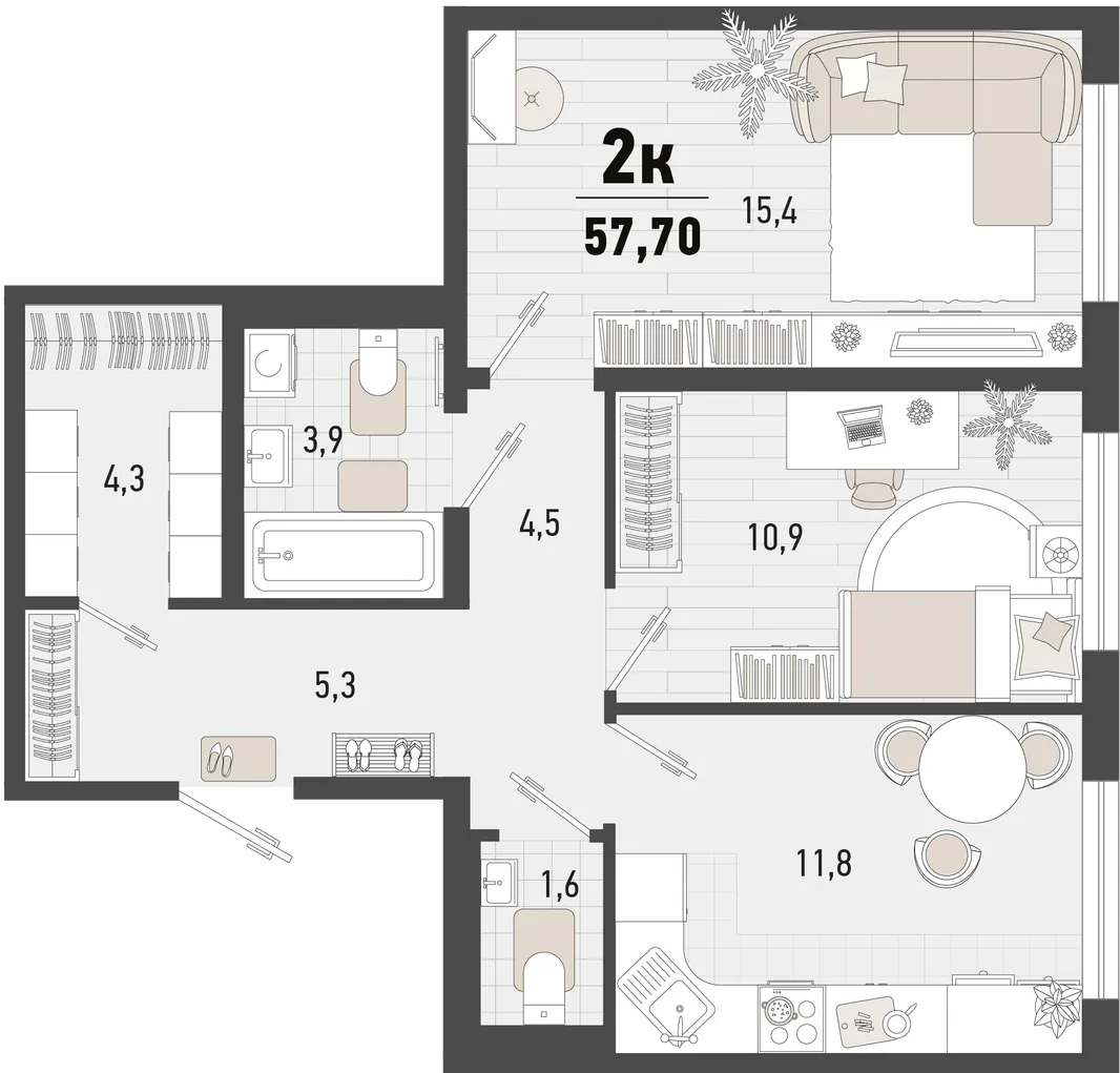 Планировка 2-комн. квартира, 57.7 м² ЖК «Барса»