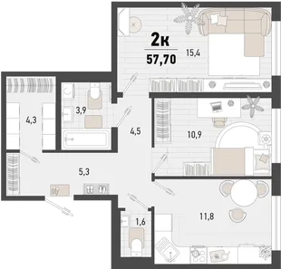 Планировка 2-комн. квартира, 57.7 м² ЖК «Барса»