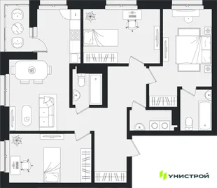Планировка 3-комн. квартира, 92.83 м² ЖК «Уникум на Ленинском»