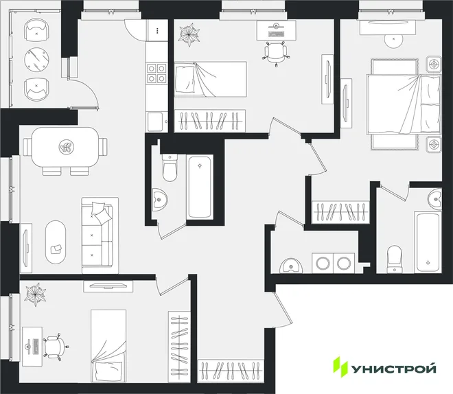 Планировка 3-комн. квартира, 92.83 м² ЖК «Уникум на Ленинском» Планировка 3-комн. квартира, 92.83 м² ЖК «Уникум на Ленинском»