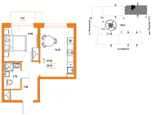 Планировка 1-комн. квартира, 37.45 м² ЖК «Страна.Энтузиастов»
