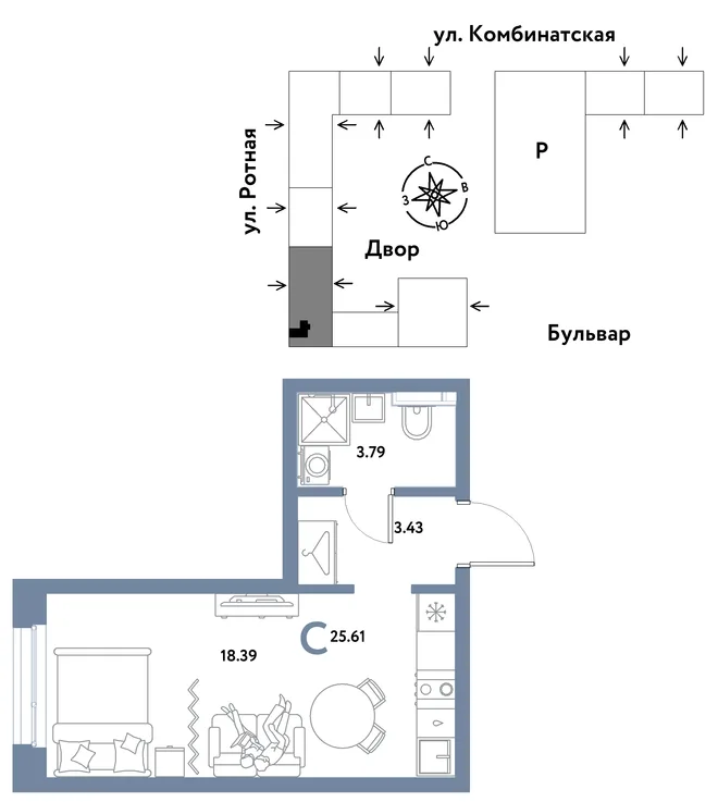 Планировка Студия, 25.61 м² ЖК «Уральский сад» Планировка Студия, 25.61 м² ЖК «Уральский сад»