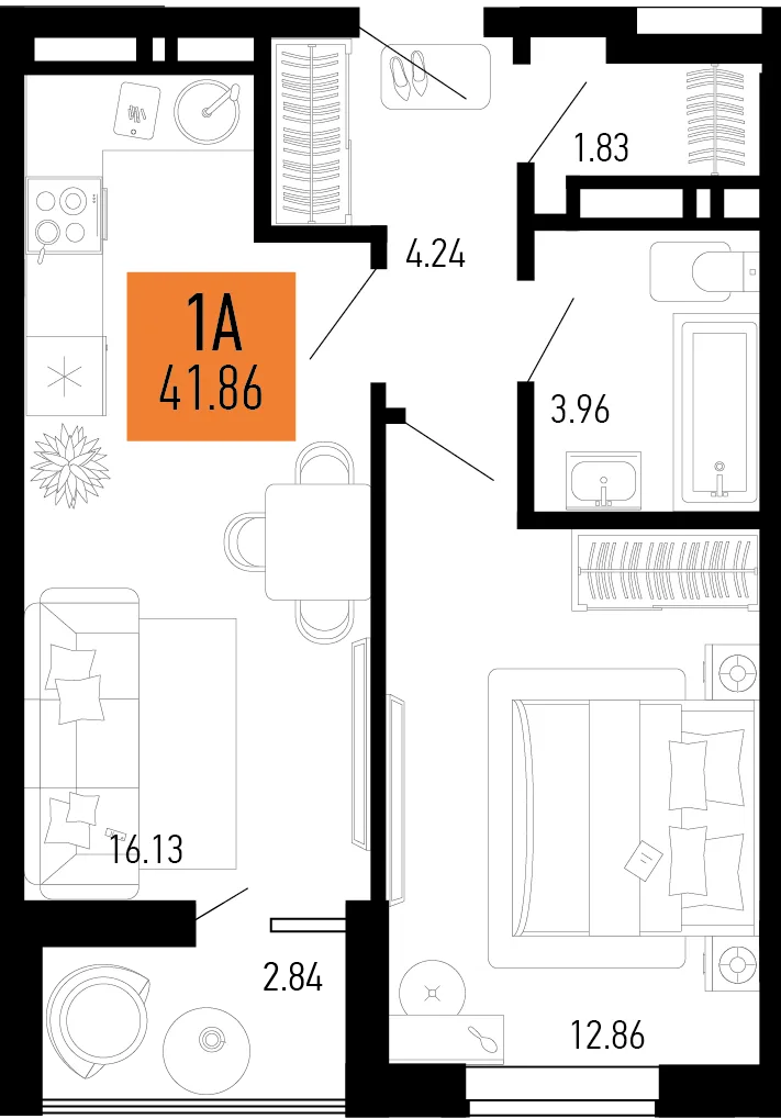 Планировка 1-комн. квартира, 41.86 м² ЖК «Столицыно»