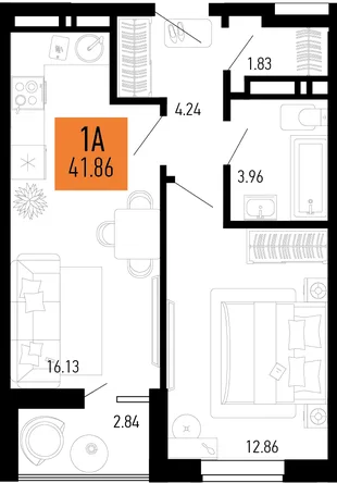 Планировка 1-комн. квартира, 41.86 м² ЖК «Столицыно»